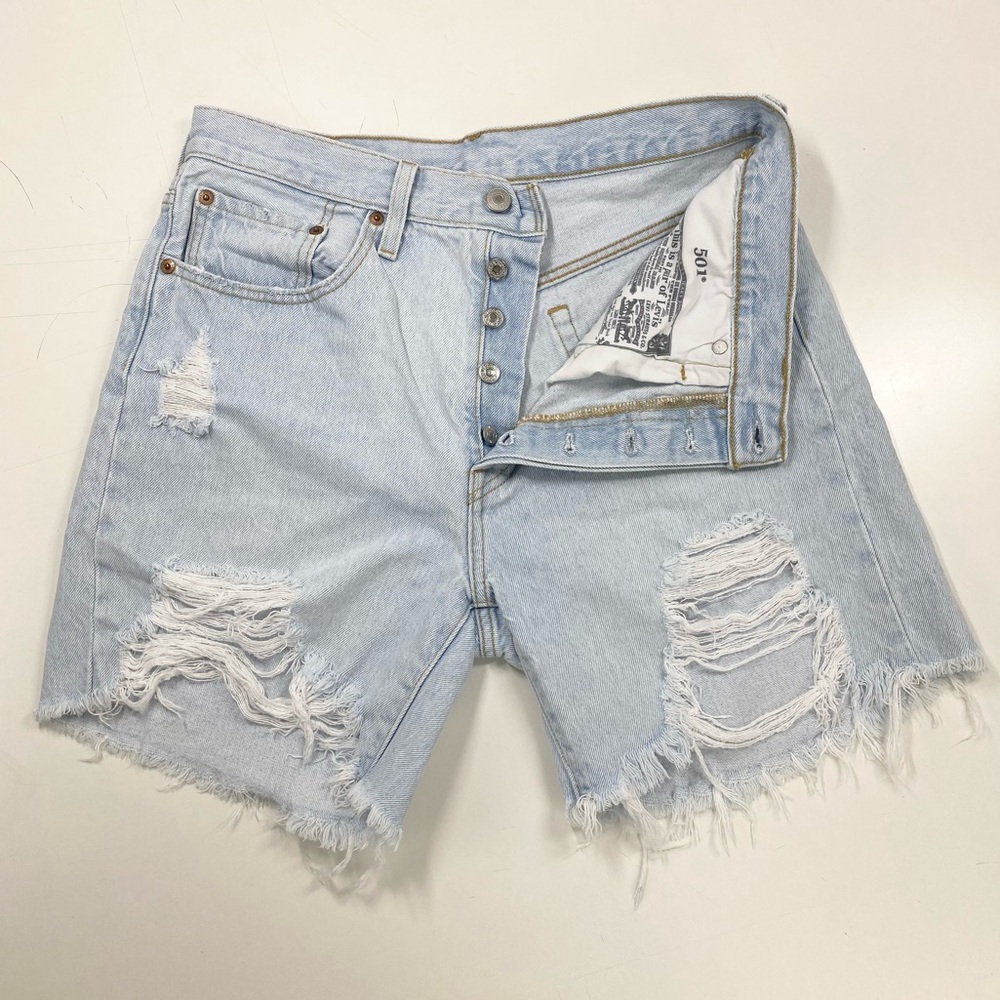 Levi's 501 High Rise Distressed Blue Jean Cutoff Denim Shorts Waist 30 Raw Hem - Picture 4 of 12